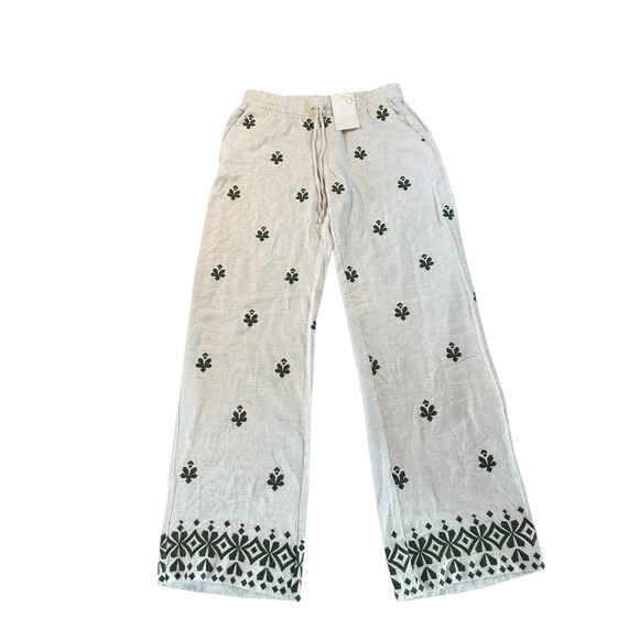 Zara Pants - ZARA‎ NWT Linen Blend Embroidered Wide Leg Pants Boho Drawstring Size M